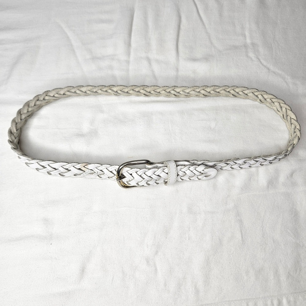 White Braided Genuine Leather Belt Small Made in Guatemala Woven Boho 35 Inch